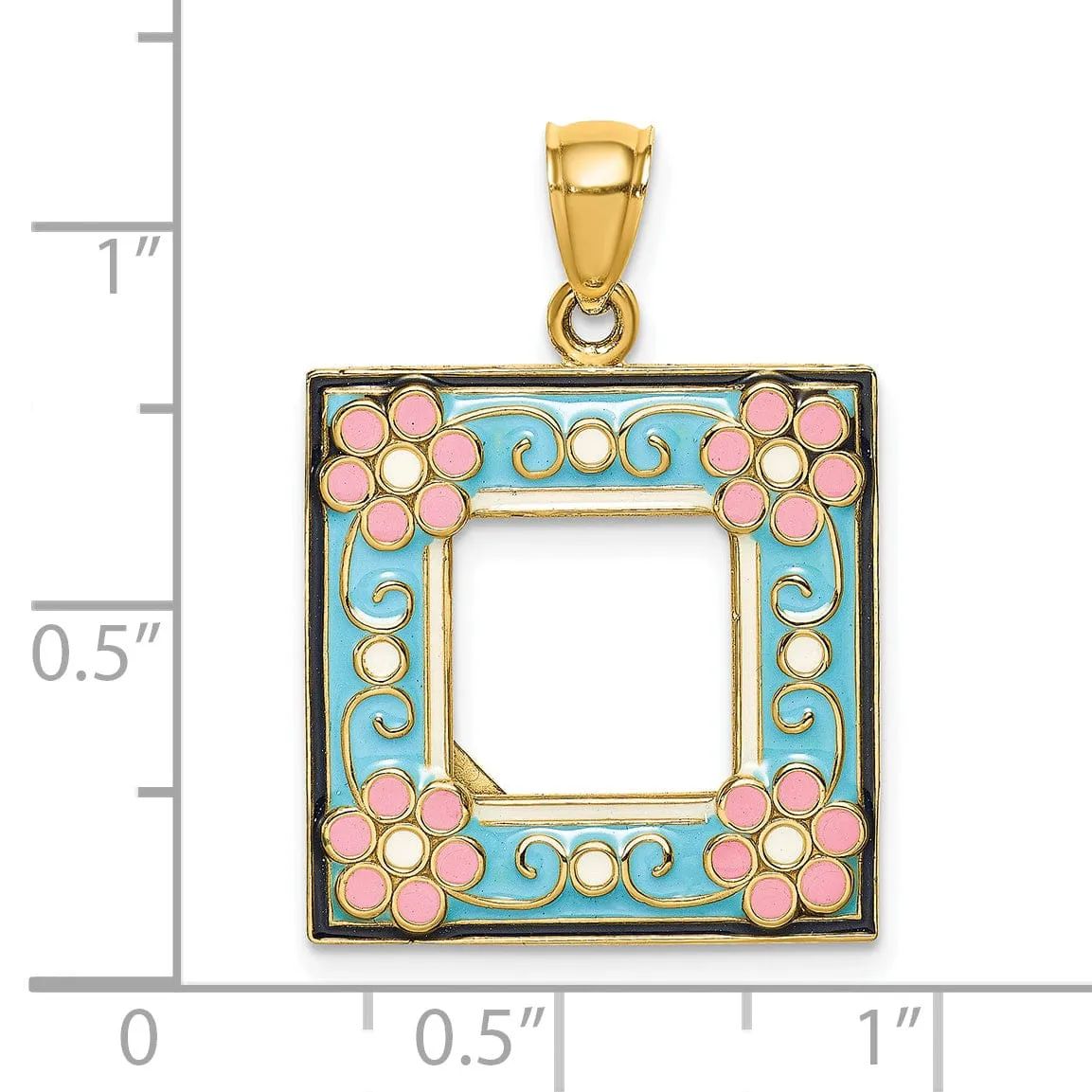 14k Yellow Gold with Multi-colored Enamel Hallow Open Back Polished Finish Aqua Picture Frame with flowers Charm Pendant