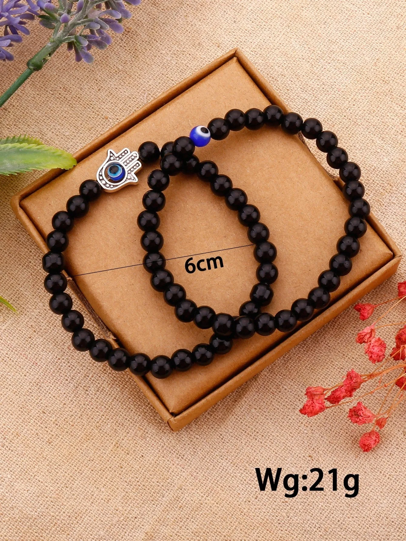 2pcs Evil Eye Detail Hamsa Hand Decor Beaded Bracelet Boho Crafted Creative