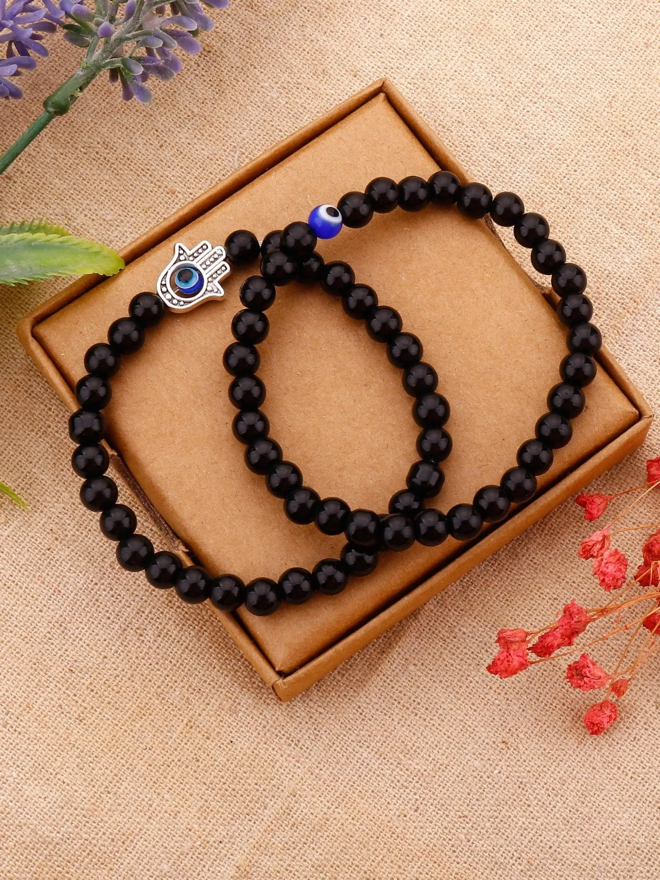 2pcs Evil Eye Detail Hamsa Hand Decor Beaded Bracelet Boho Crafted Creative