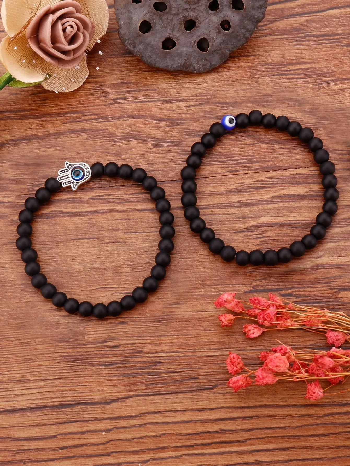2pcs Evil Eye Detail Hamsa Hand Decor Beaded Bracelet Boho Crafted Creative