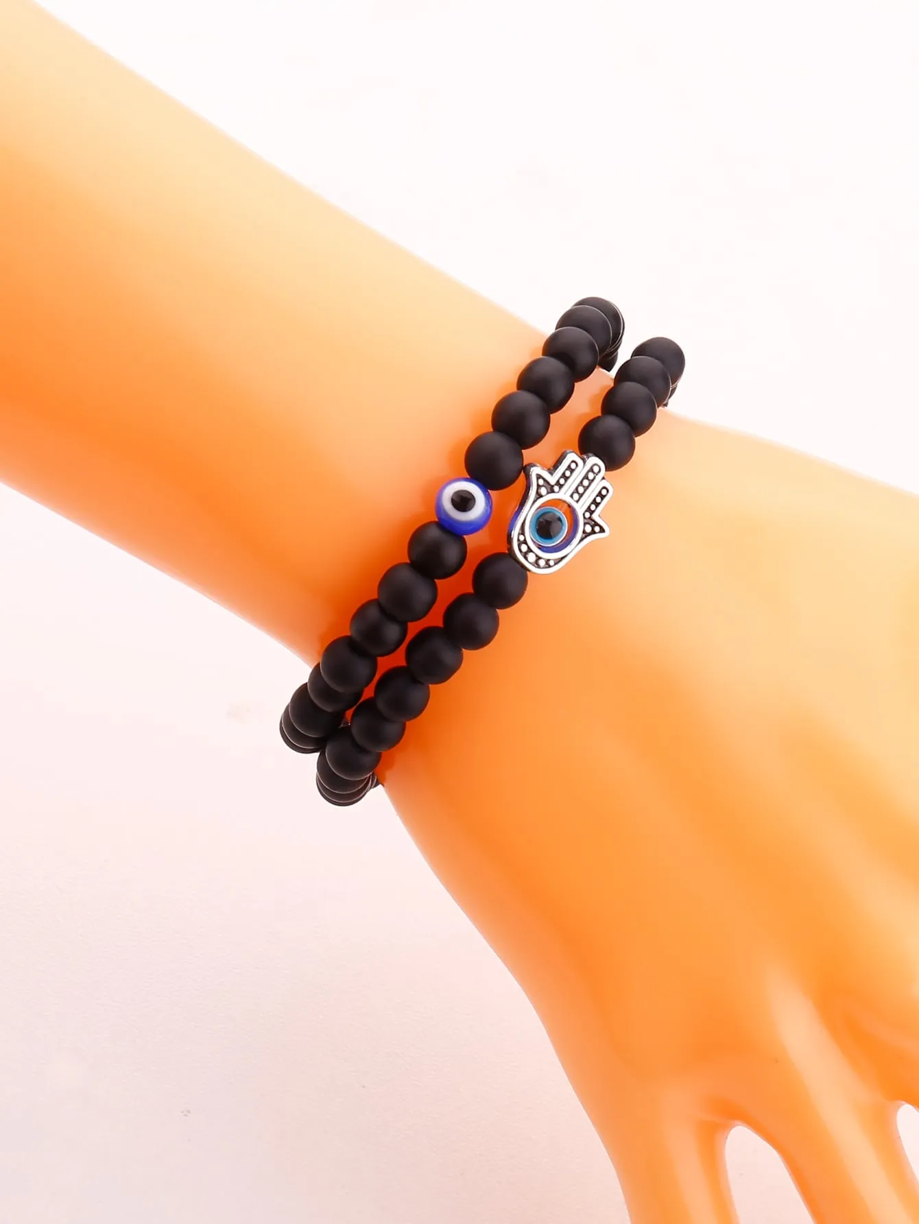 2pcs Evil Eye Detail Hamsa Hand Decor Beaded Bracelet Boho Crafted Creative