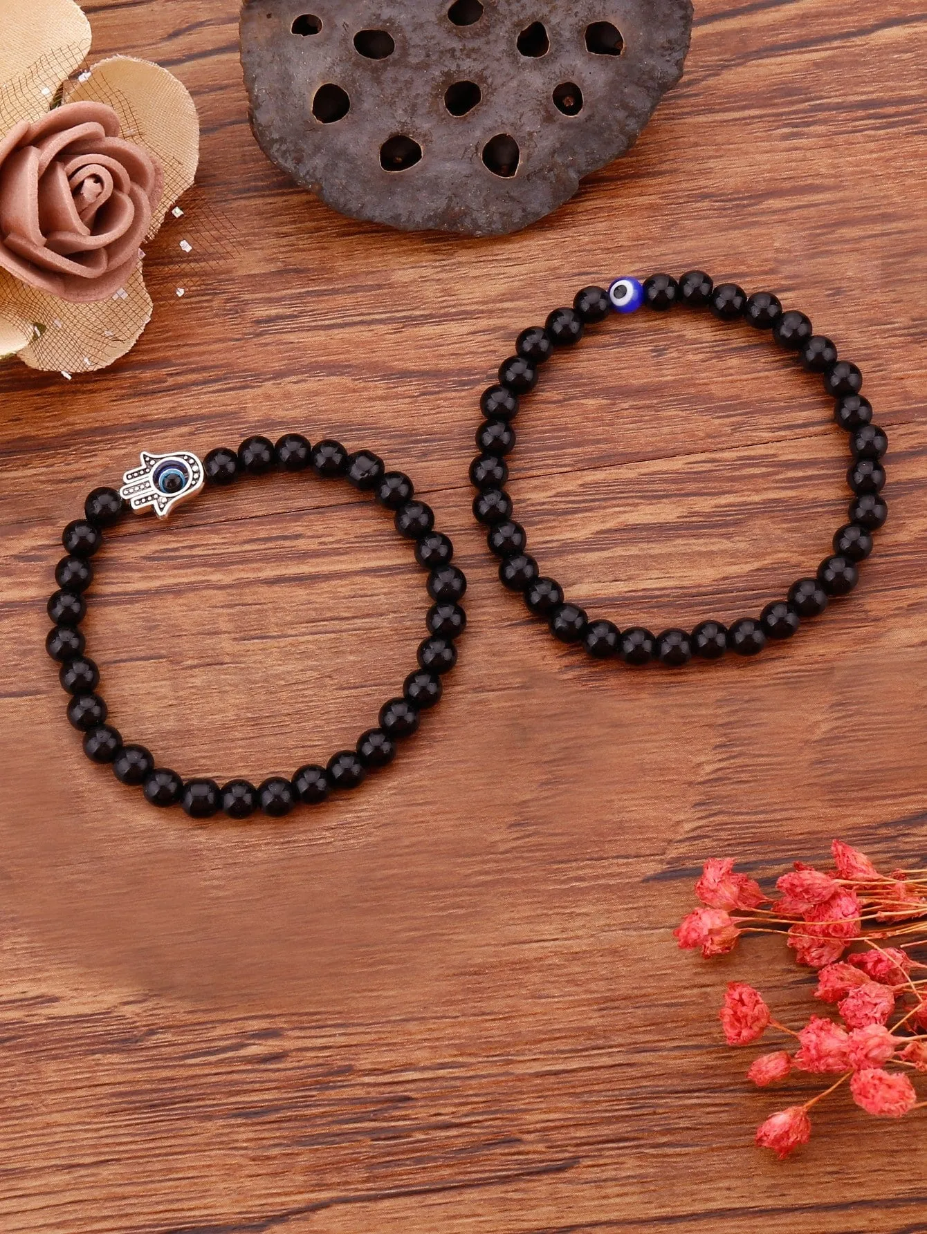 2pcs Evil Eye Detail Hamsa Hand Decor Beaded Bracelet Boho Crafted Creative