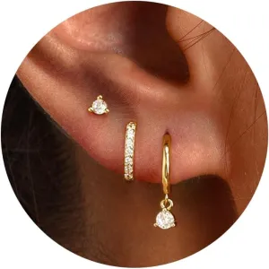 3 Pairs Silver Hoop Earrings Set: Dainty Stud Earrings Trendy Small 925 Sterling Silver Plated Hypoallergenic CZ Dangle Cartilage Huggie Earrings for Women Silver Jewelry for Women