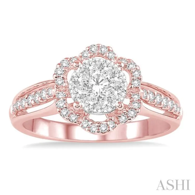 5/8 Ctw Round Cut Diamond Lovebright Flower Shape Ring in 14K Rose and White Gold