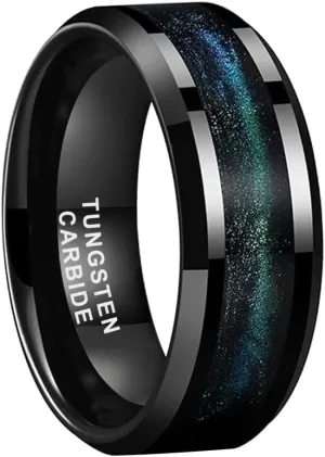 8mm Black Tungsten Rings for Men Women Flowing Sand Inlay Fashion Engagement Promise Wedding Band Beveled Polished Shiny Comfort Fit
