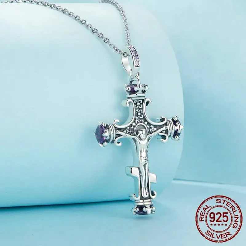 925 Sterling Silver Vintage Pattern Cross Pendant Necklace Crucifix Charms Fit Women Original Necklace DIY Fine Jewelry