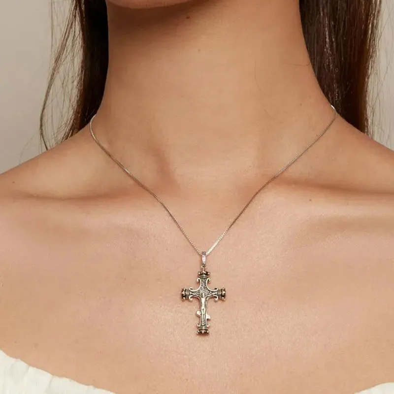 925 Sterling Silver Vintage Pattern Cross Pendant Necklace Crucifix Charms Fit Women Original Necklace DIY Fine Jewelry