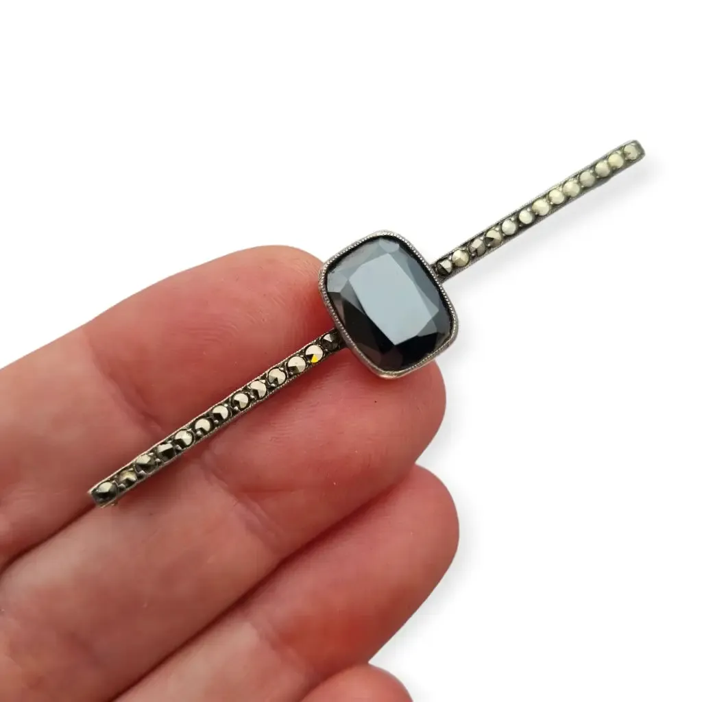 Antique Art Deco silver pin with hematite and marcasites for women, 1930-40.