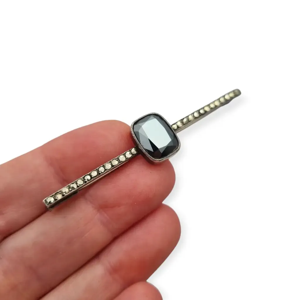 Antique Art Deco silver pin with hematite and marcasites for women, 1930-40.