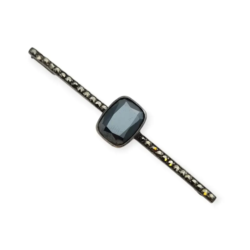 Antique Art Deco silver pin with hematite and marcasites for women, 1930-40.
