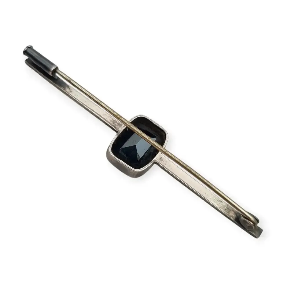 Antique Art Deco silver pin with hematite and marcasites for women, 1930-40.