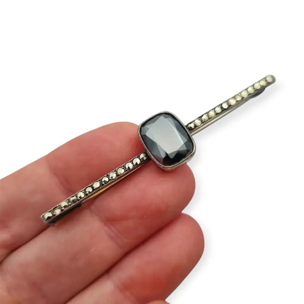 Antique Art Deco silver pin with hematite and marcasites for women, 1930-40.