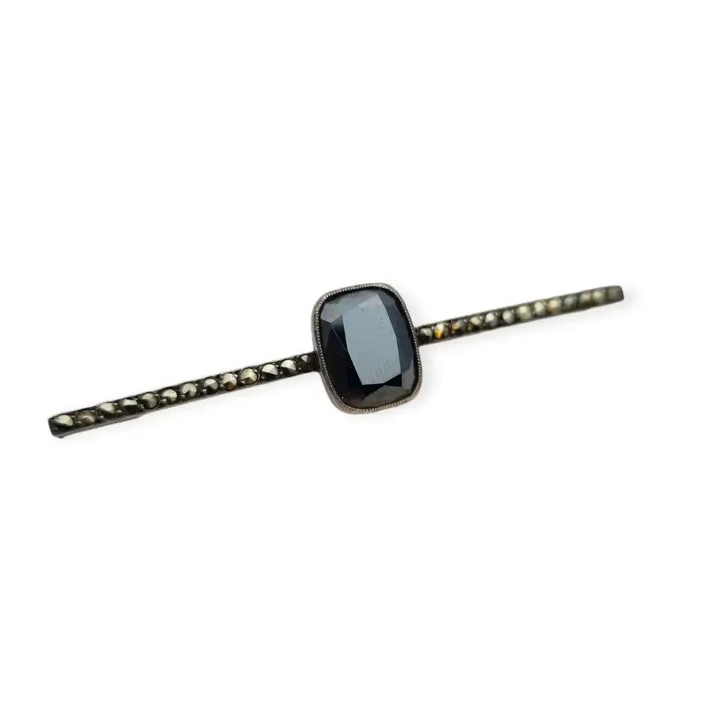 Antique Art Deco silver pin with hematite and marcasites for women, 1930-40.