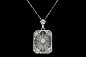 Art Deco 14K White Gold Carved Rock Crystal Diamond Pendant Necklace