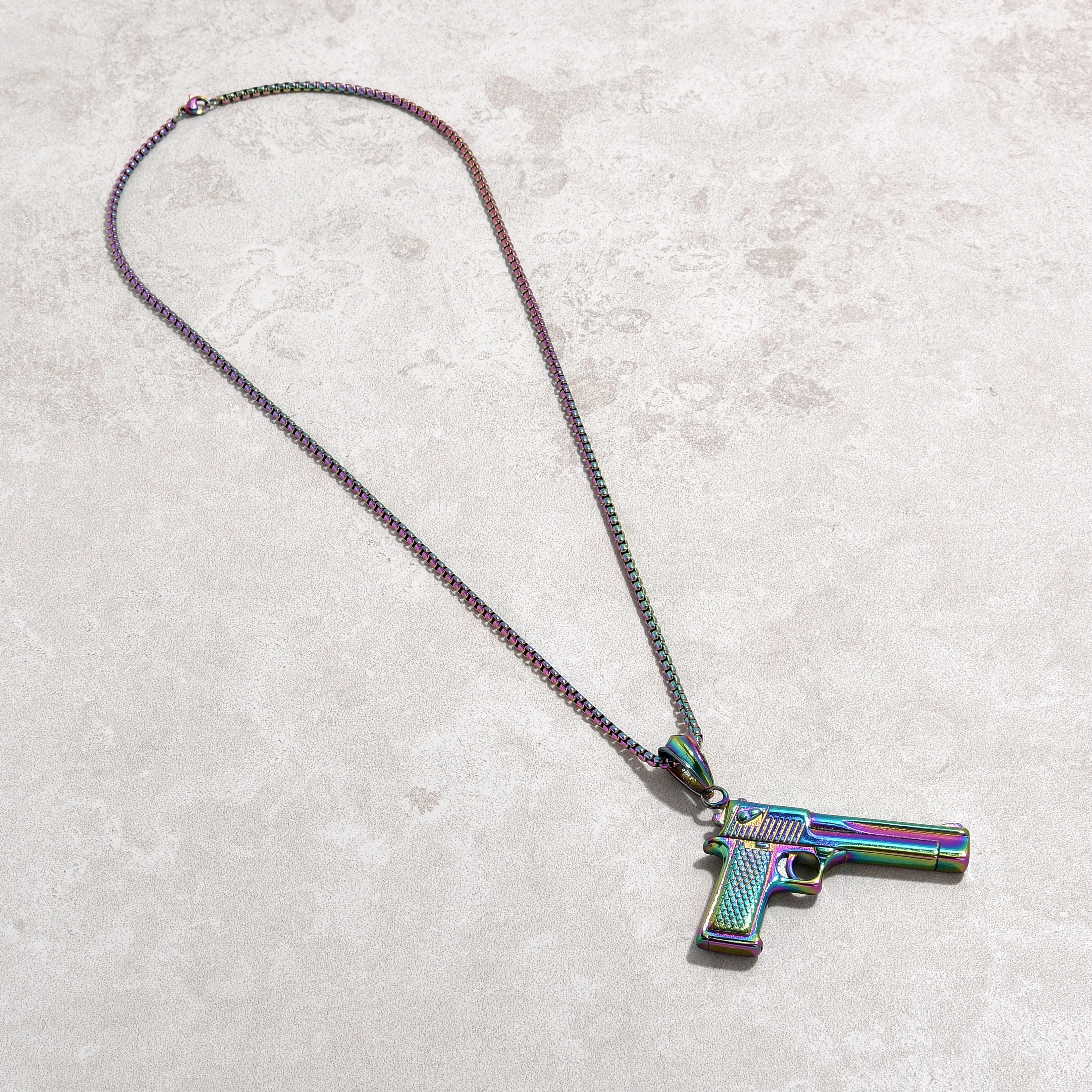 Aurora Borealis Desert Eagle Glock Pistol Gun Steel Hearts Necklace