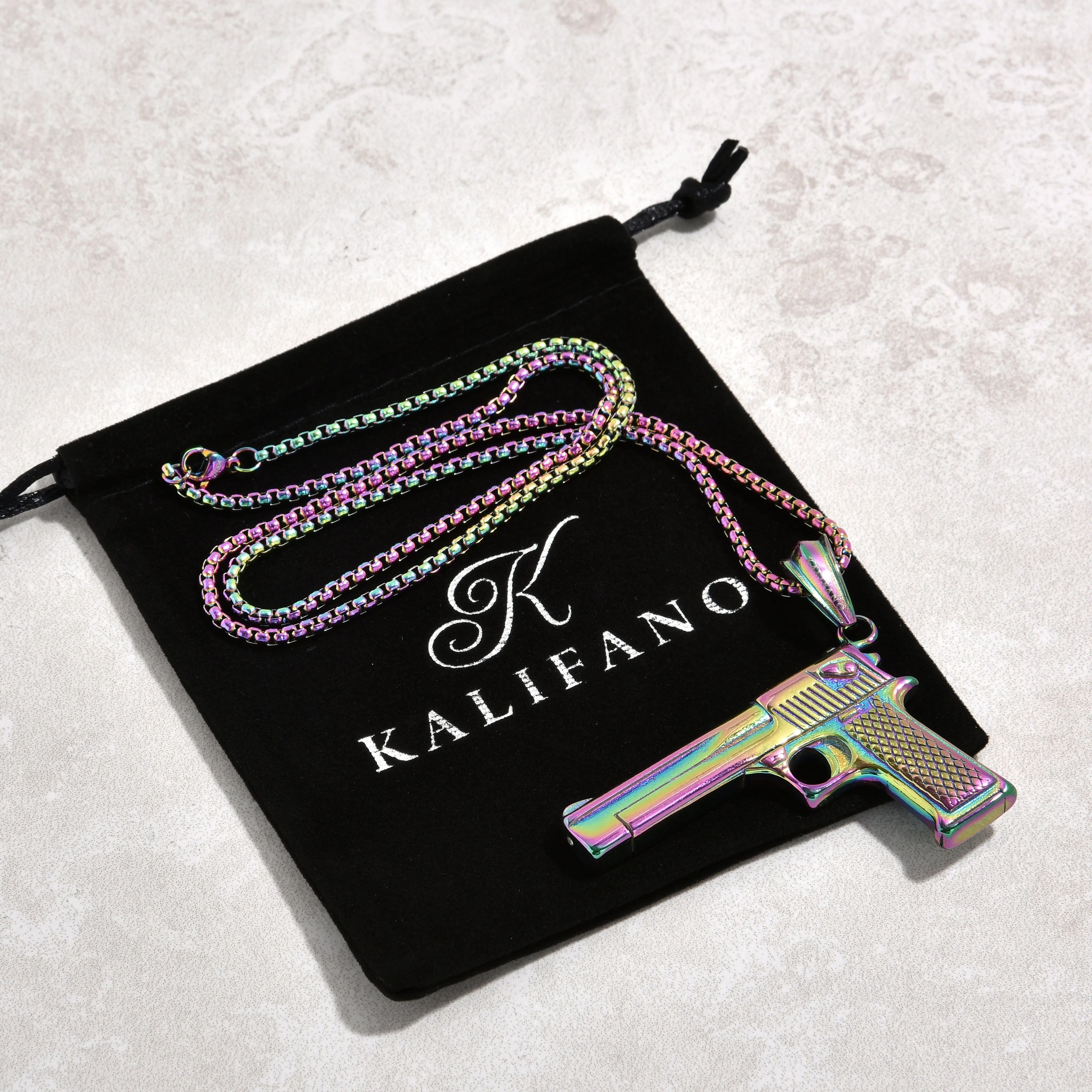 Aurora Borealis Desert Eagle Glock Pistol Gun Steel Hearts Necklace