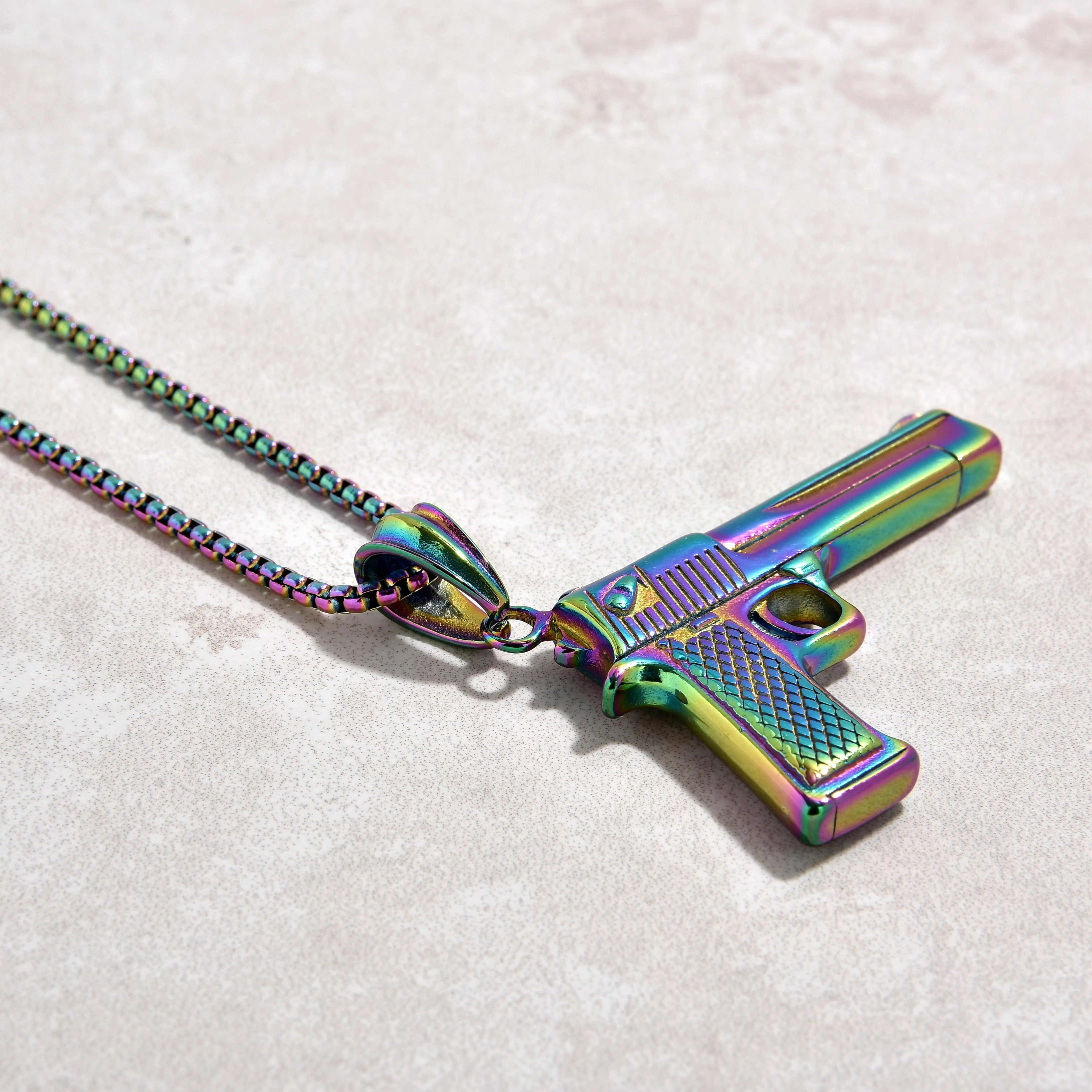 Aurora Borealis Desert Eagle Glock Pistol Gun Steel Hearts Necklace