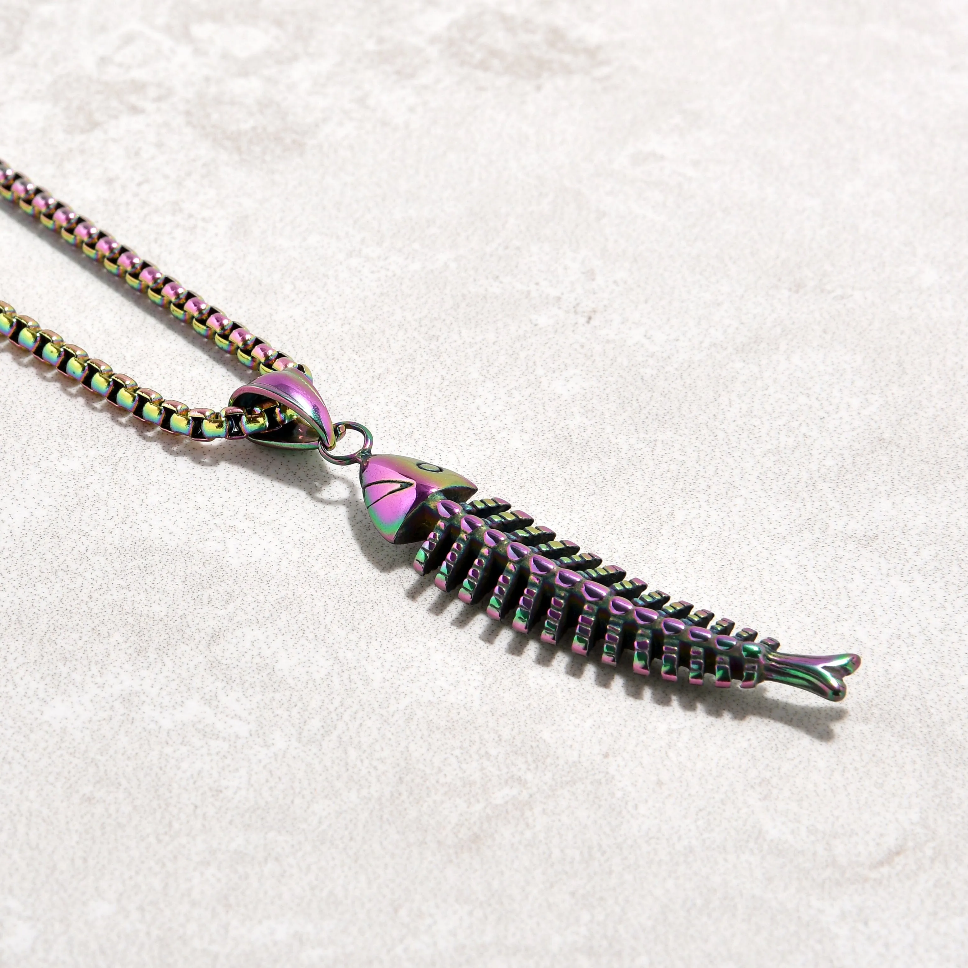 Aurora Borealis Fish Bone Steel Hearts Necklace