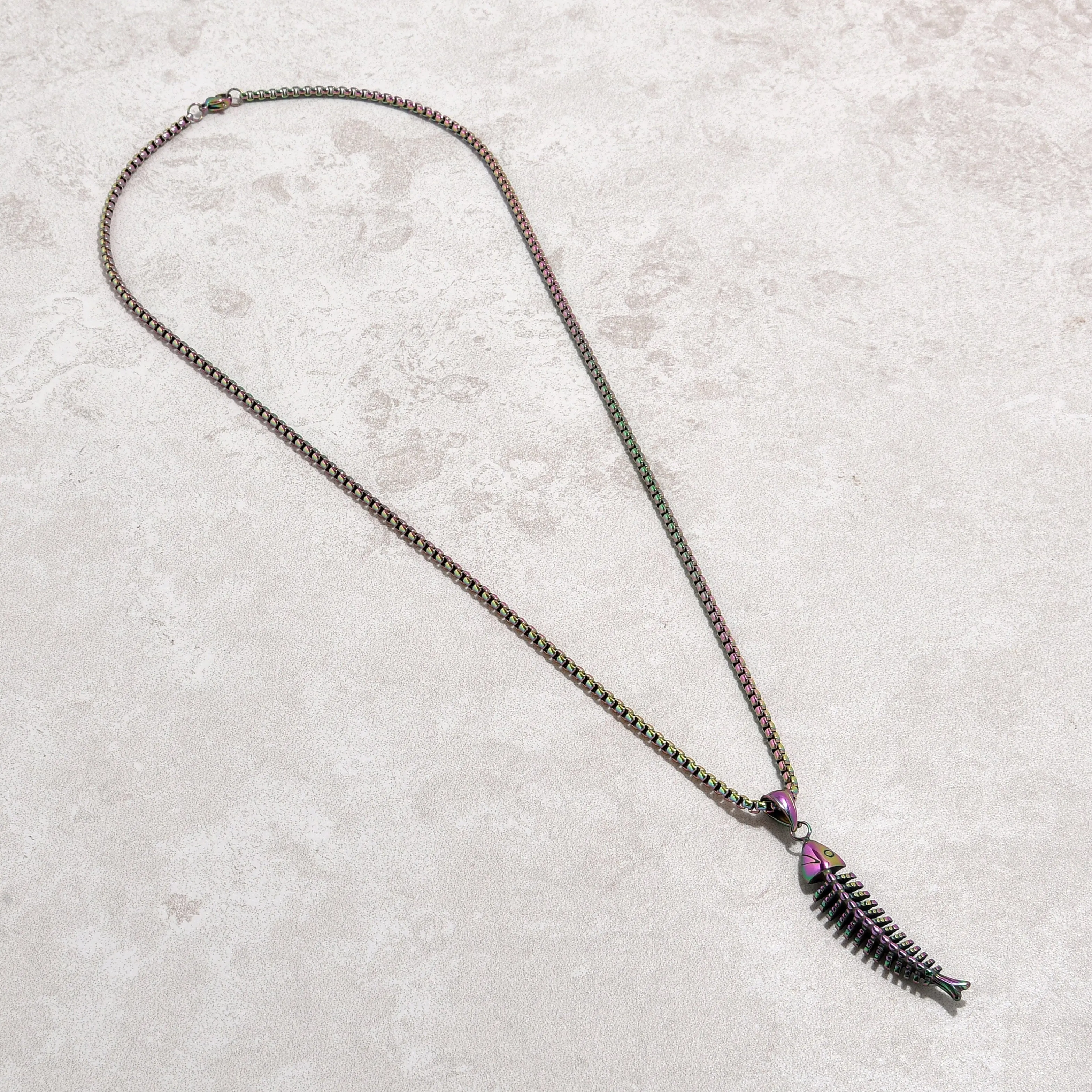 Aurora Borealis Fish Bone Steel Hearts Necklace