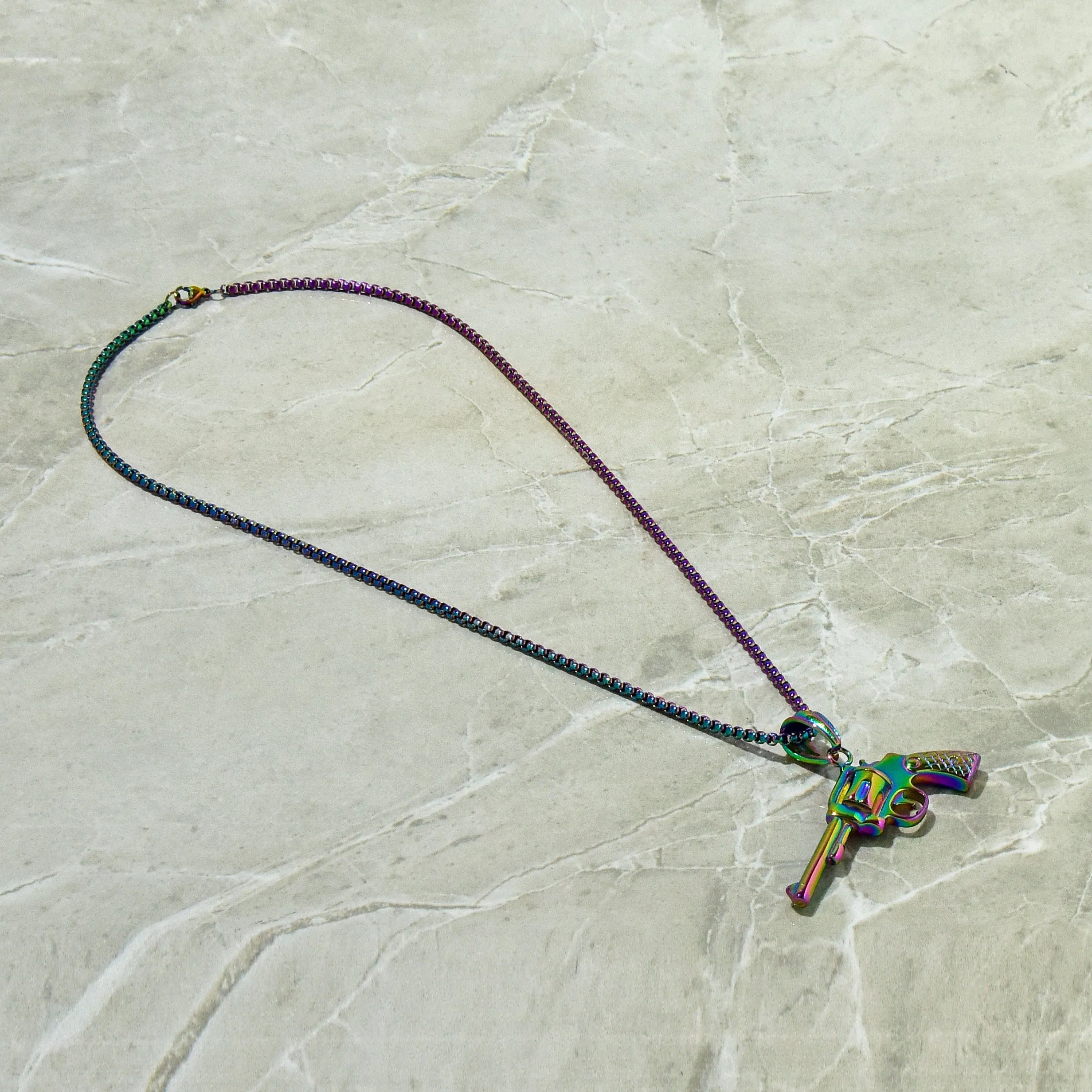 Aurora Borealis Revolver gun Steel Hearts Necklace