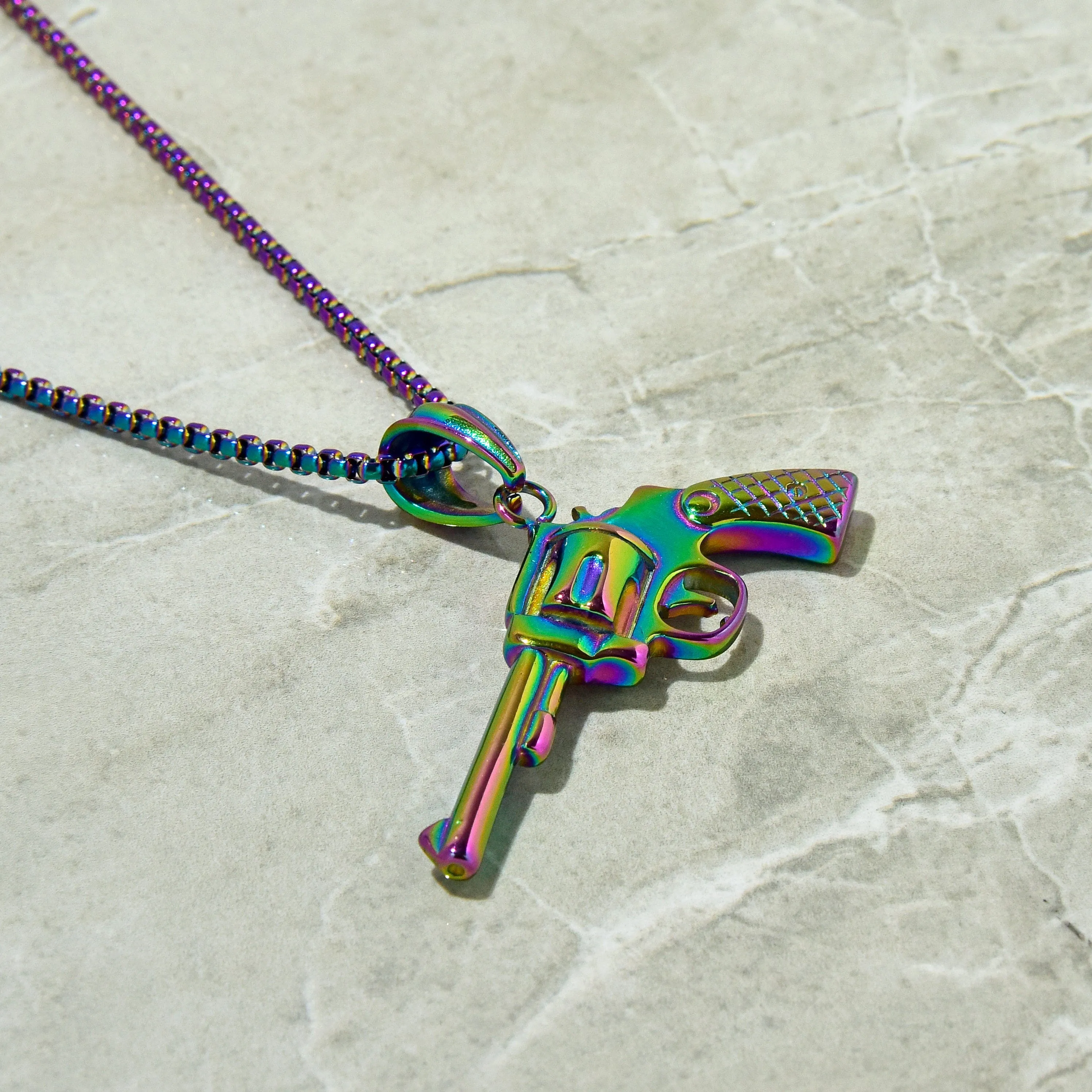 Aurora Borealis Revolver gun Steel Hearts Necklace