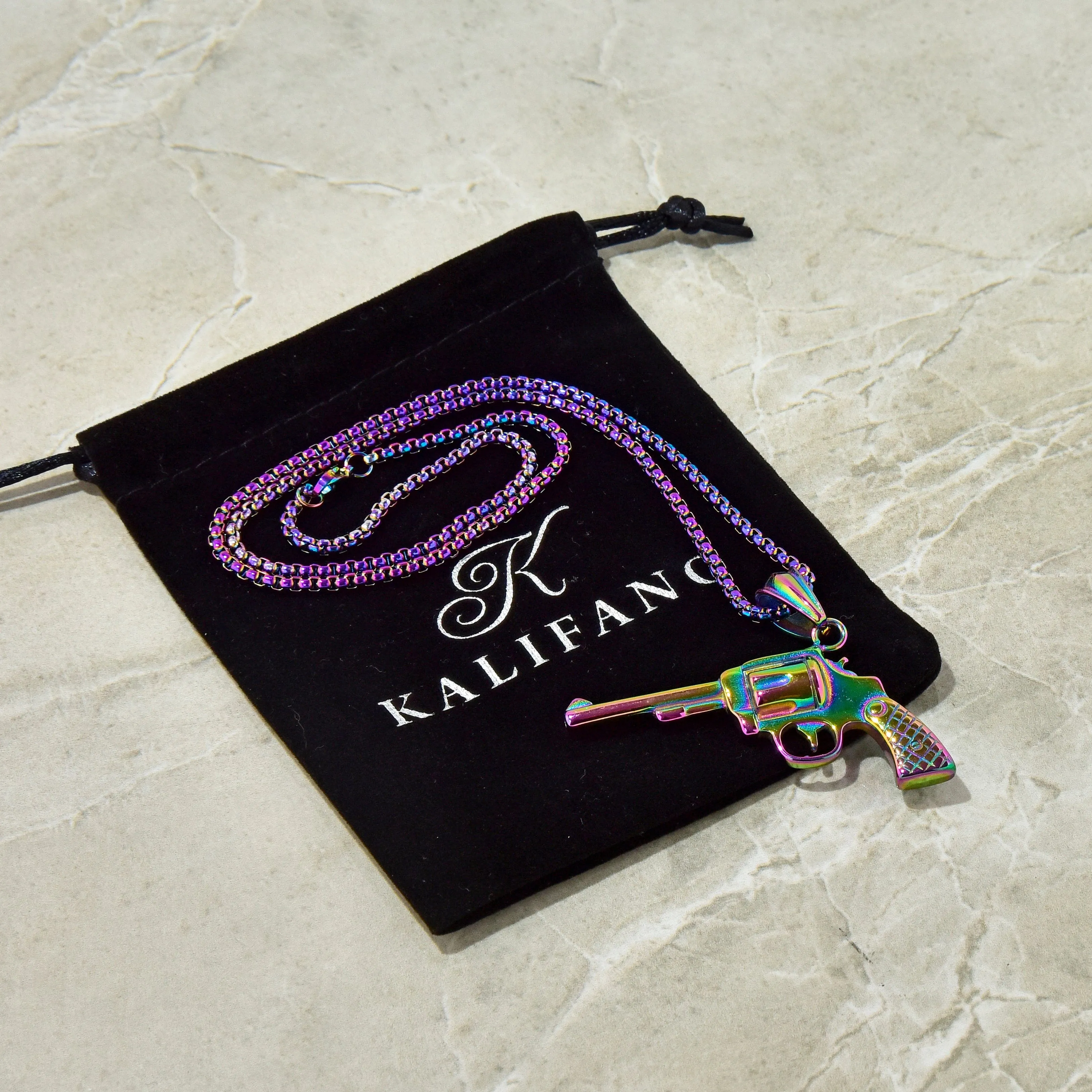Aurora Borealis Revolver gun Steel Hearts Necklace