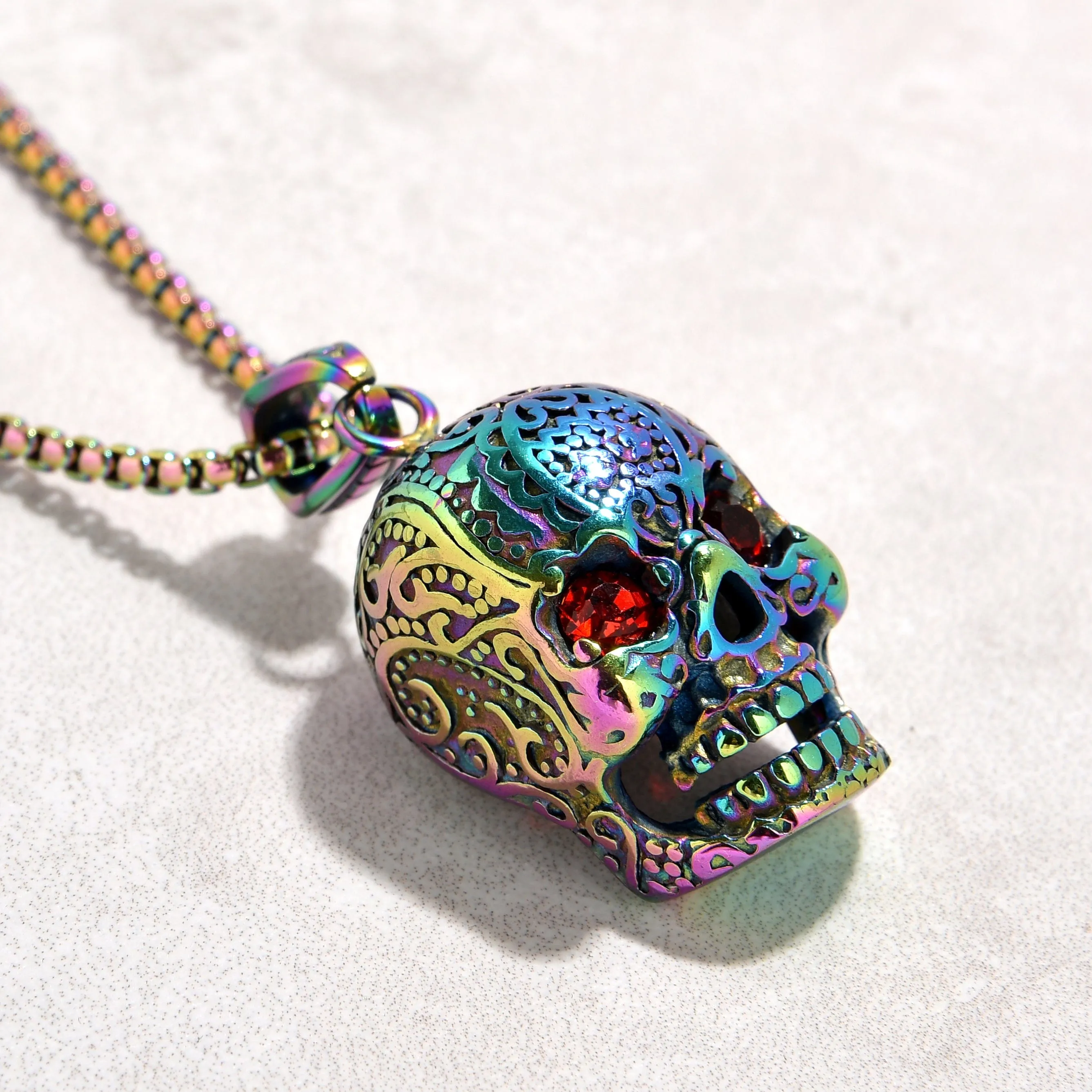 Aurora Borealis Skull Steel Hearts Necklace
