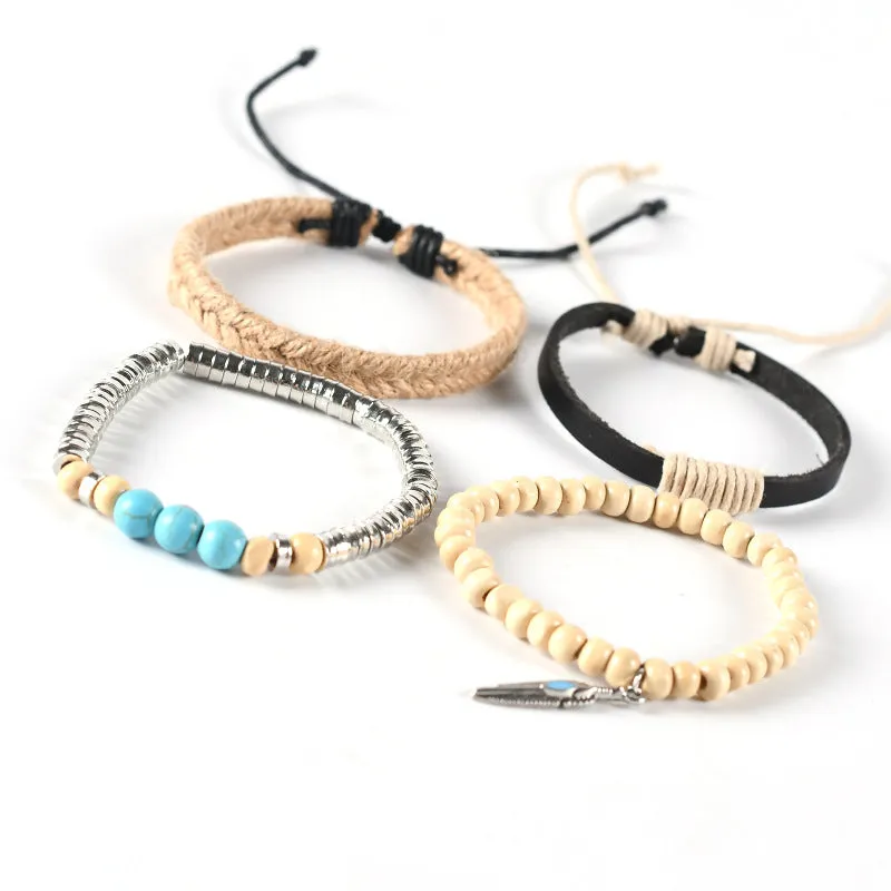 Boho Turquoise Feather Pendant Set Multilayer Leather Bracelet