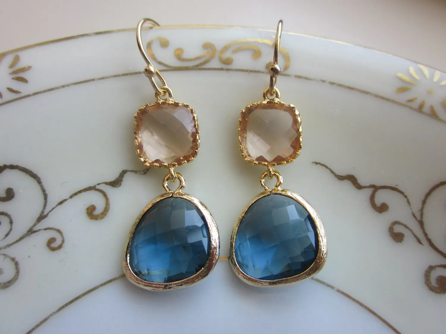 Champagne Peach Earrings Sapphire Navy Gold Plated - Bridesmaid Earrings - Wedding Earrings - Valentines Day Gift