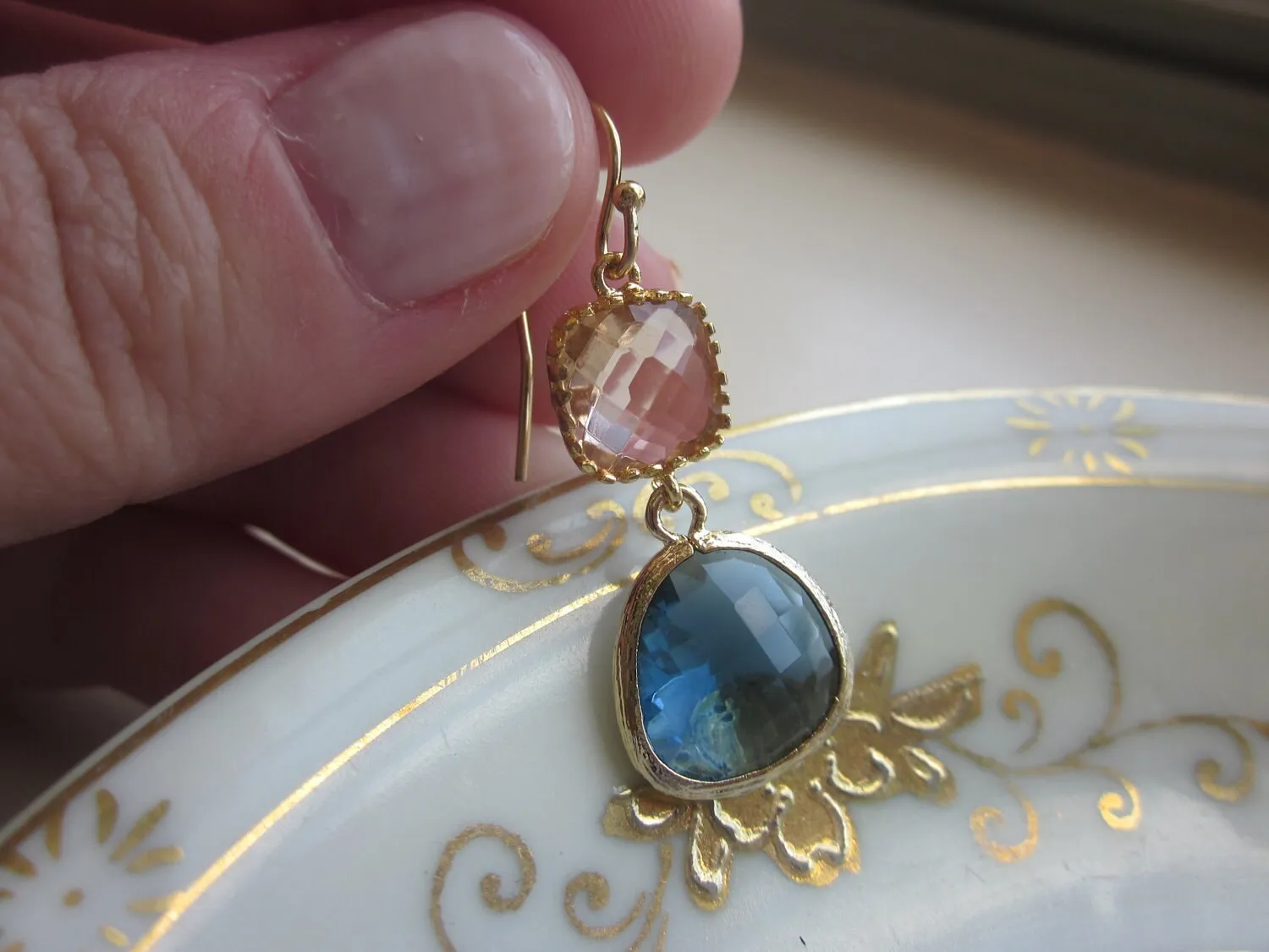 Champagne Peach Earrings Sapphire Navy Gold Plated - Bridesmaid Earrings - Wedding Earrings - Valentines Day Gift