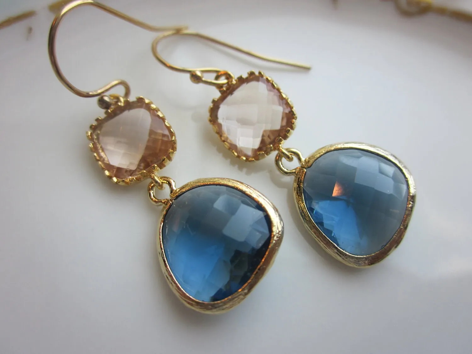 Champagne Peach Earrings Sapphire Navy Gold Plated - Bridesmaid Earrings - Wedding Earrings - Valentines Day Gift