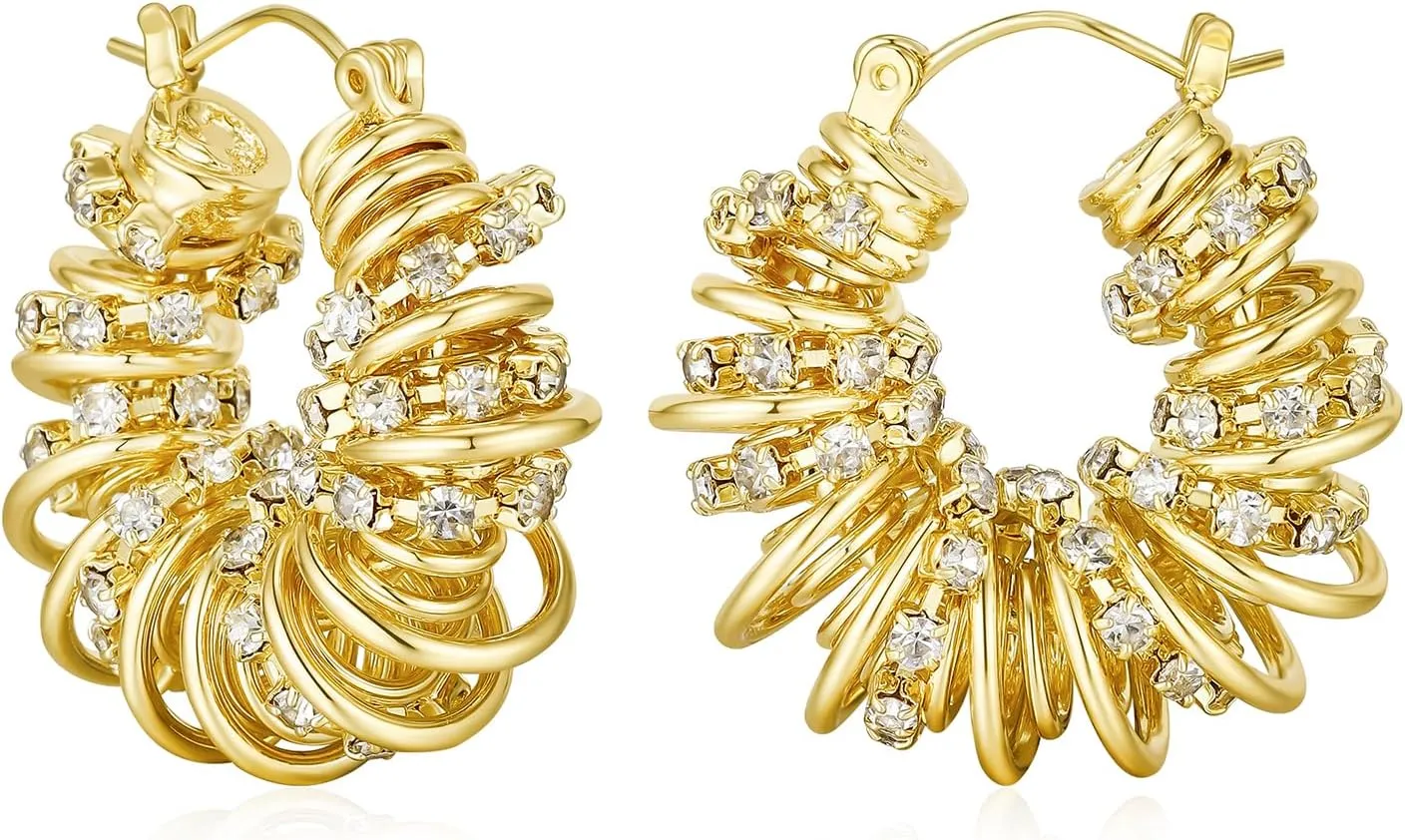 Chunky Gold Hoop Earrings Statement Earrings for Women Sparkly Rhinestone CZ Thick Hoop Earrings