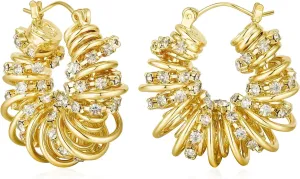 Chunky Gold Hoop Earrings Statement Earrings for Women Sparkly Rhinestone CZ Thick Hoop Earrings