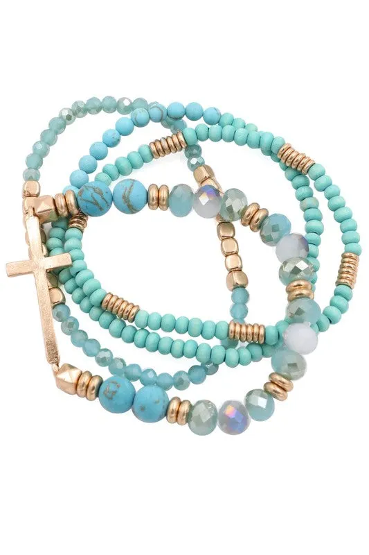 Cross Bracelet with Wood and Semi Precious Stone Beads