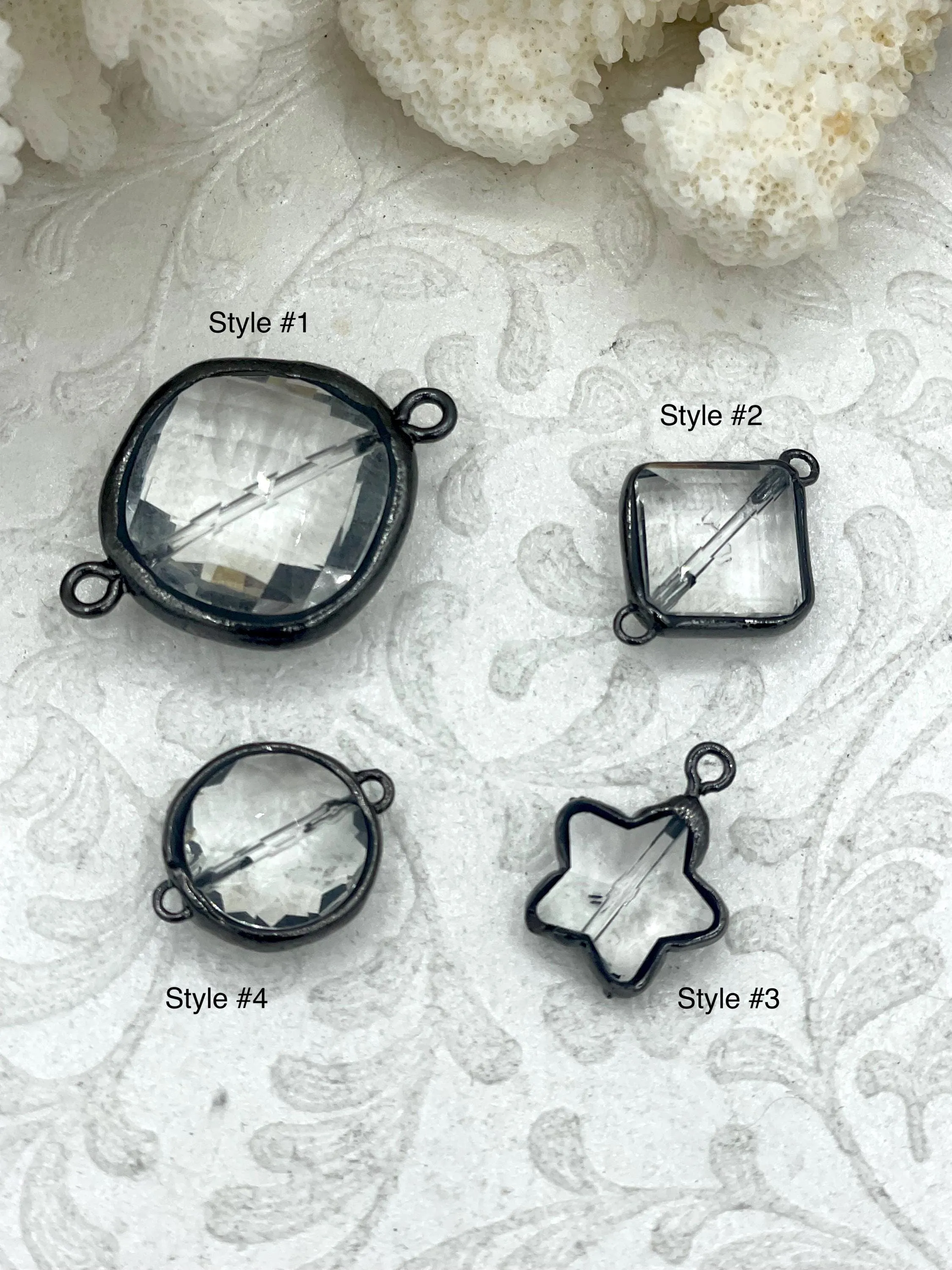 Crystal Gunmetal Soldered Pendants and Connectors. Square, Round & Star Shapes, 4 Styles to choose from, Crystal Connectors. Fast Shipping