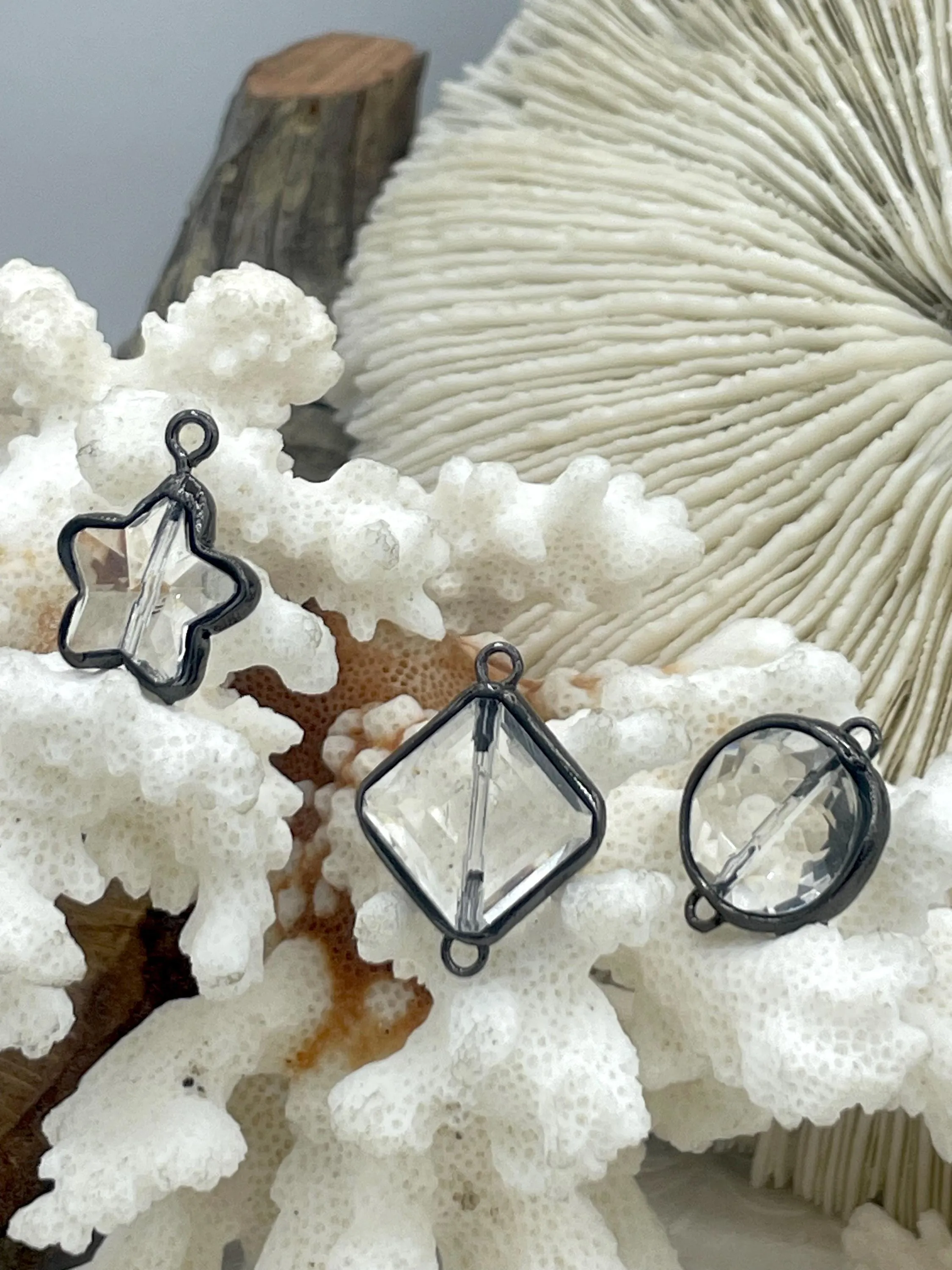 Crystal Gunmetal Soldered Pendants and Connectors. Square, Round & Star Shapes, 4 Styles to choose from, Crystal Connectors. Fast Shipping