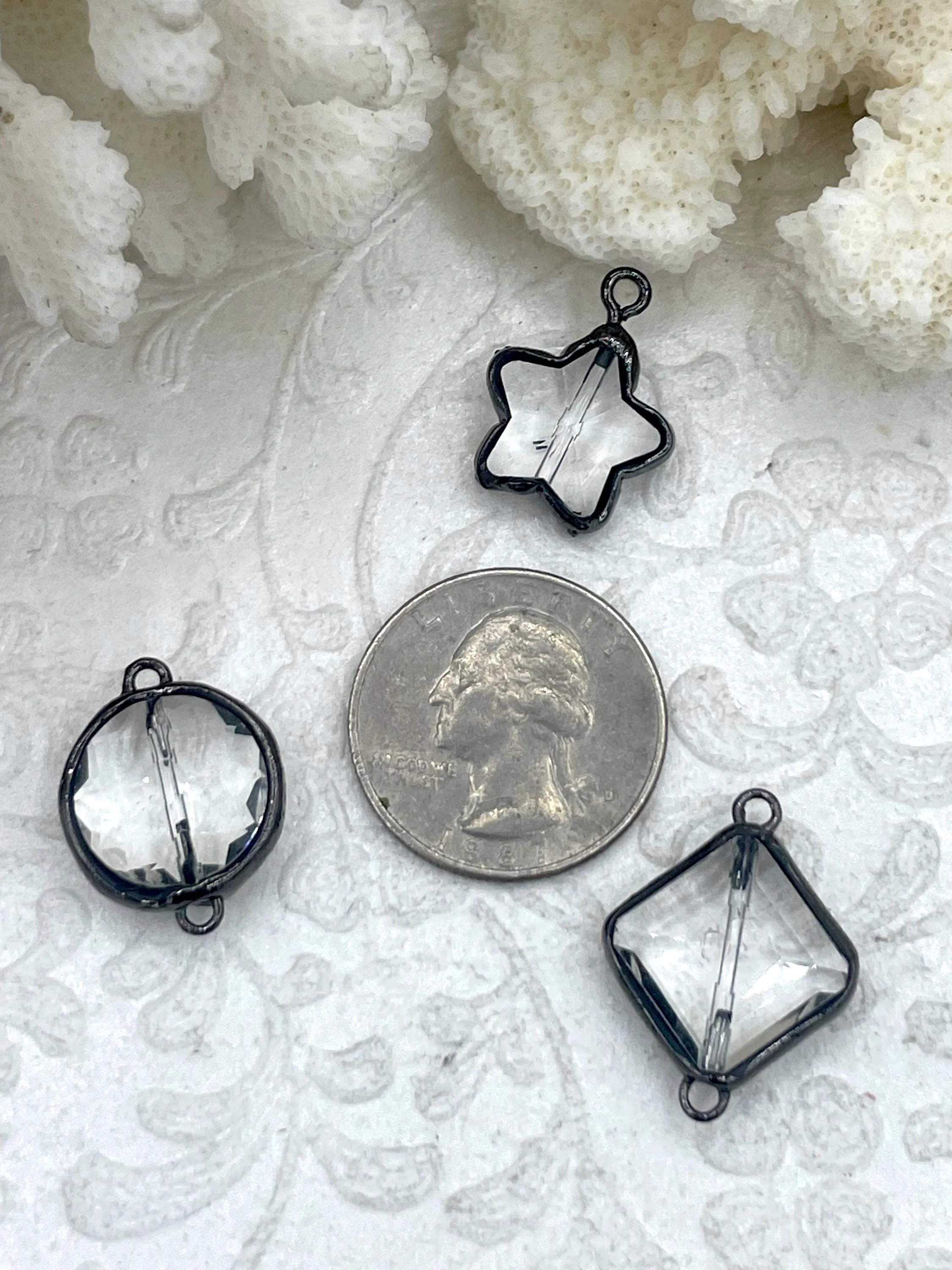 Crystal Gunmetal Soldered Pendants and Connectors. Square, Round & Star Shapes, 4 Styles to choose from, Crystal Connectors. Fast Shipping