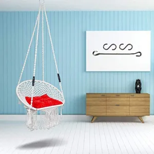 Curio Centre Make in India Round Premium Swing with Polyester Ropes & Mild Steel Frame for Adults & Kids/Indoor Outdoor Hanging Swing Chair with Cushion & Accessories (73 x 81 x 149 cm, White)