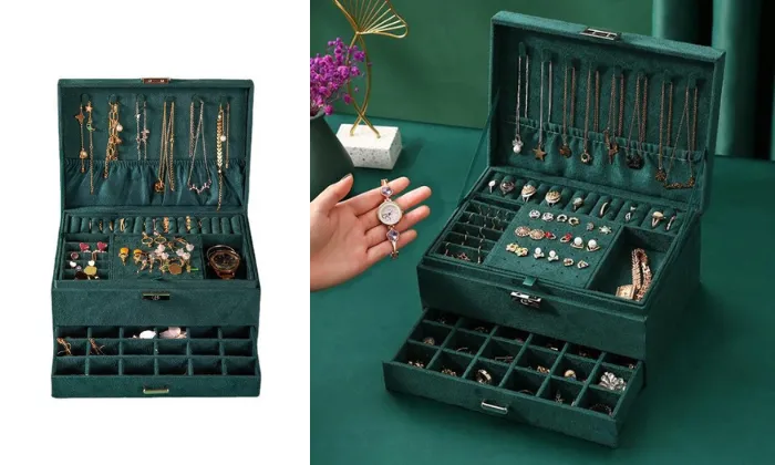 Dark Green Velvet Three Layer Jewelry Box