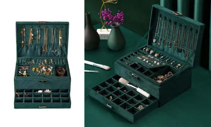 Dark Green Velvet Three Layer Jewelry Box