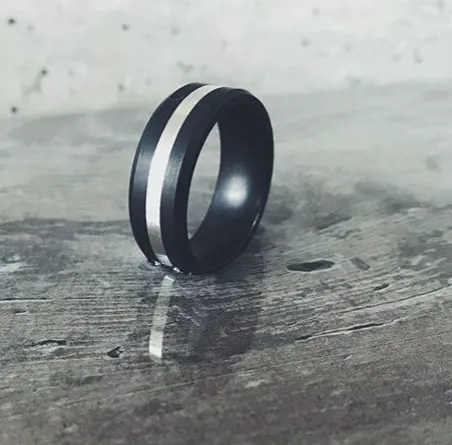 Elysium Ares Beveled Edge Black Diamond Ring with Stirling Silver Inlay