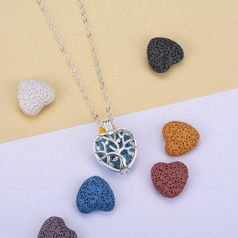 Eudora 20mm Lava Necklace Pendant Heart Volcanic Stone Tree of life Cage Pendant Necklace For DIY Essential Oil Perfume KFC10N20