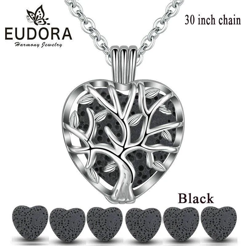 Eudora 20mm Lava Necklace Pendant Heart Volcanic Stone Tree of life Cage Pendant Necklace For DIY Essential Oil Perfume KFC10N20