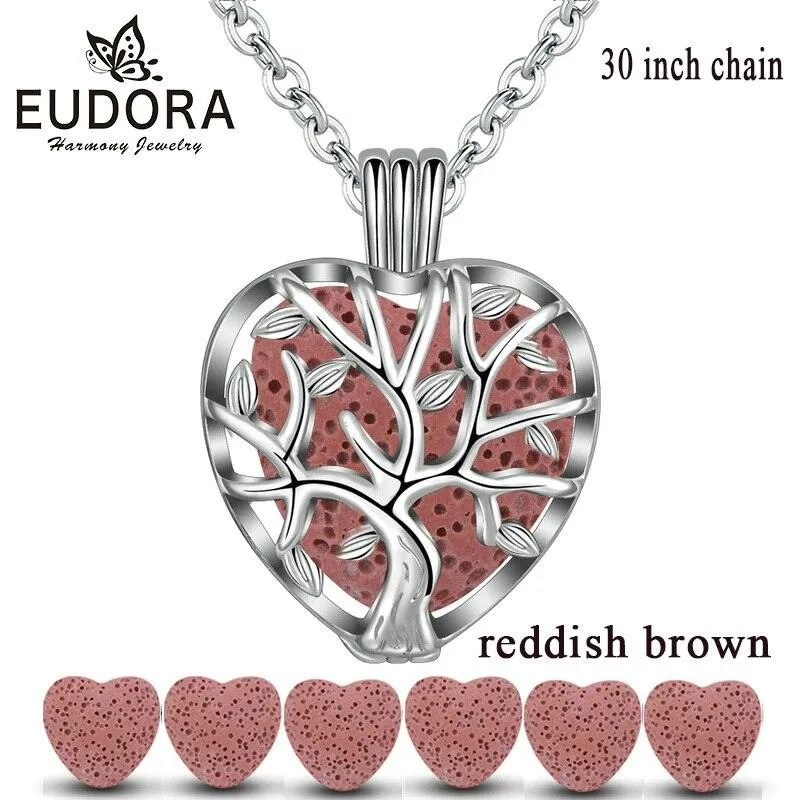 Eudora 20mm Lava Necklace Pendant Heart Volcanic Stone Tree of life Cage Pendant Necklace For DIY Essential Oil Perfume KFC10N20