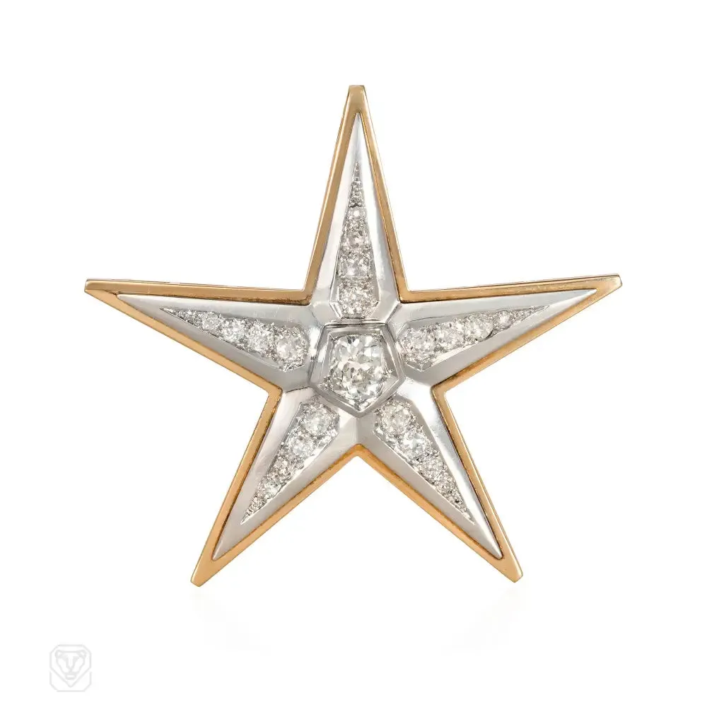 French Retro gold and diamond star brooch