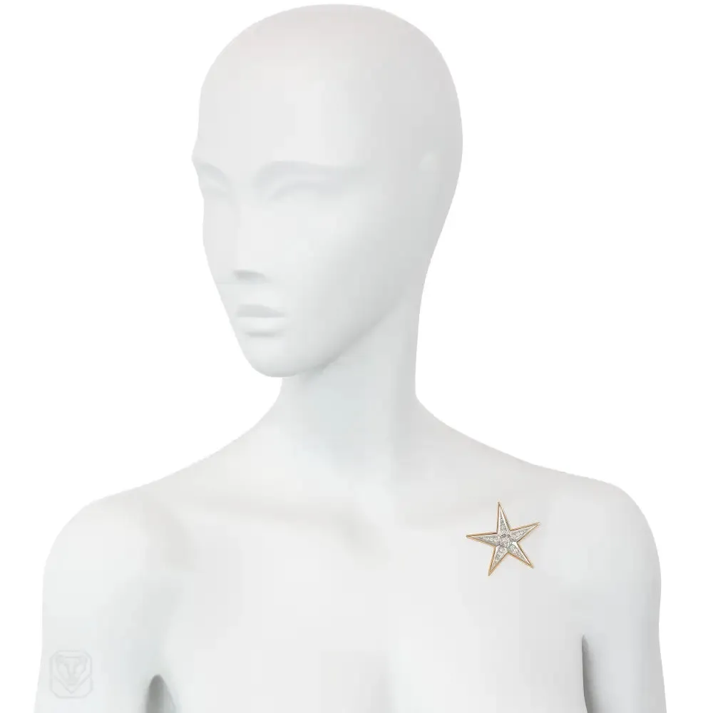 French Retro gold and diamond star brooch