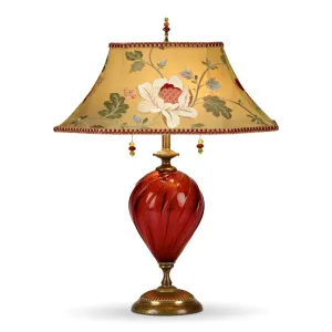 Frida Floral Table Lamp 52U57 Vibrant Red Blown Glass Base with Gold Colored Silk Embroidered Shade by Kinzig Design