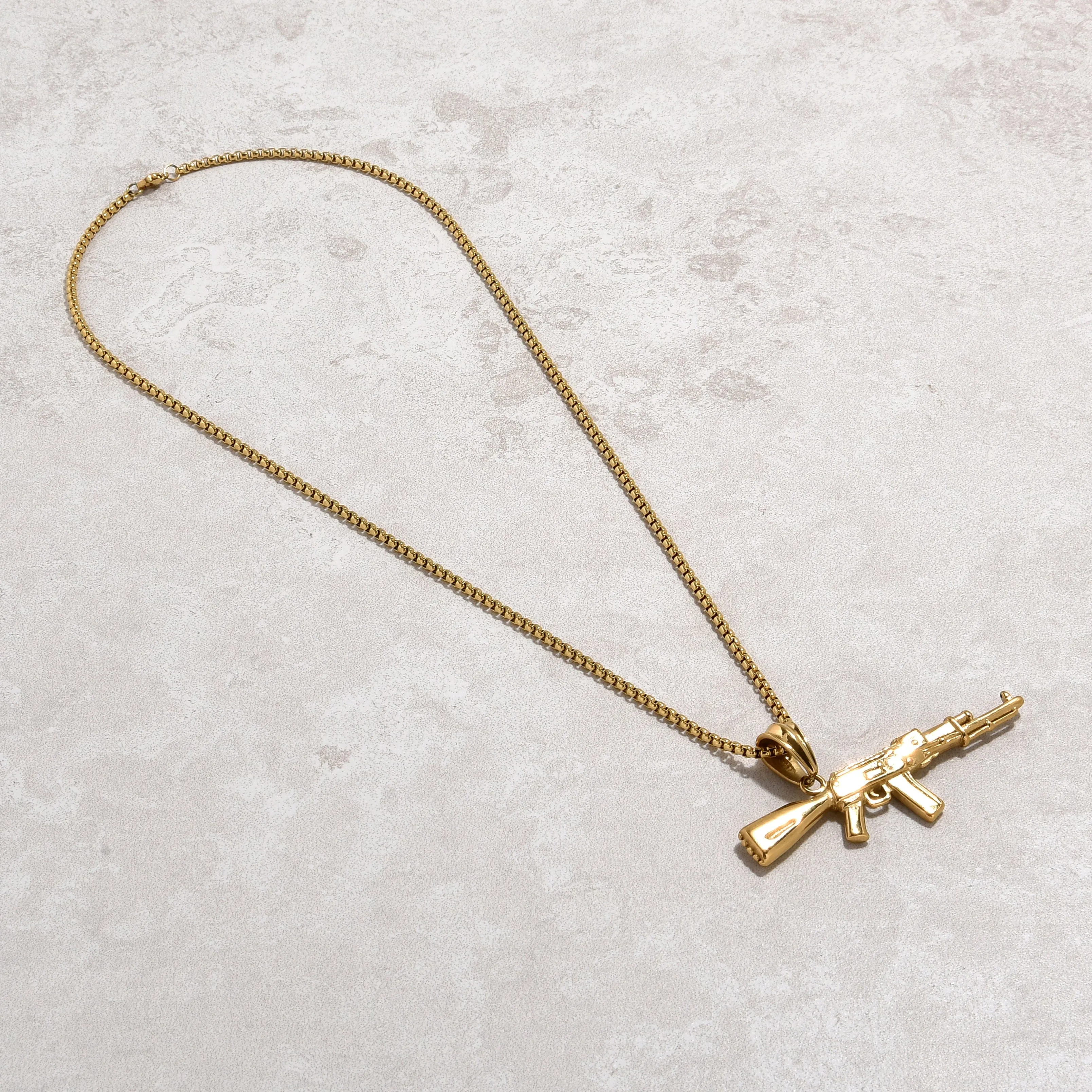 Gold AK-47 Gun Steel Hearts Necklace