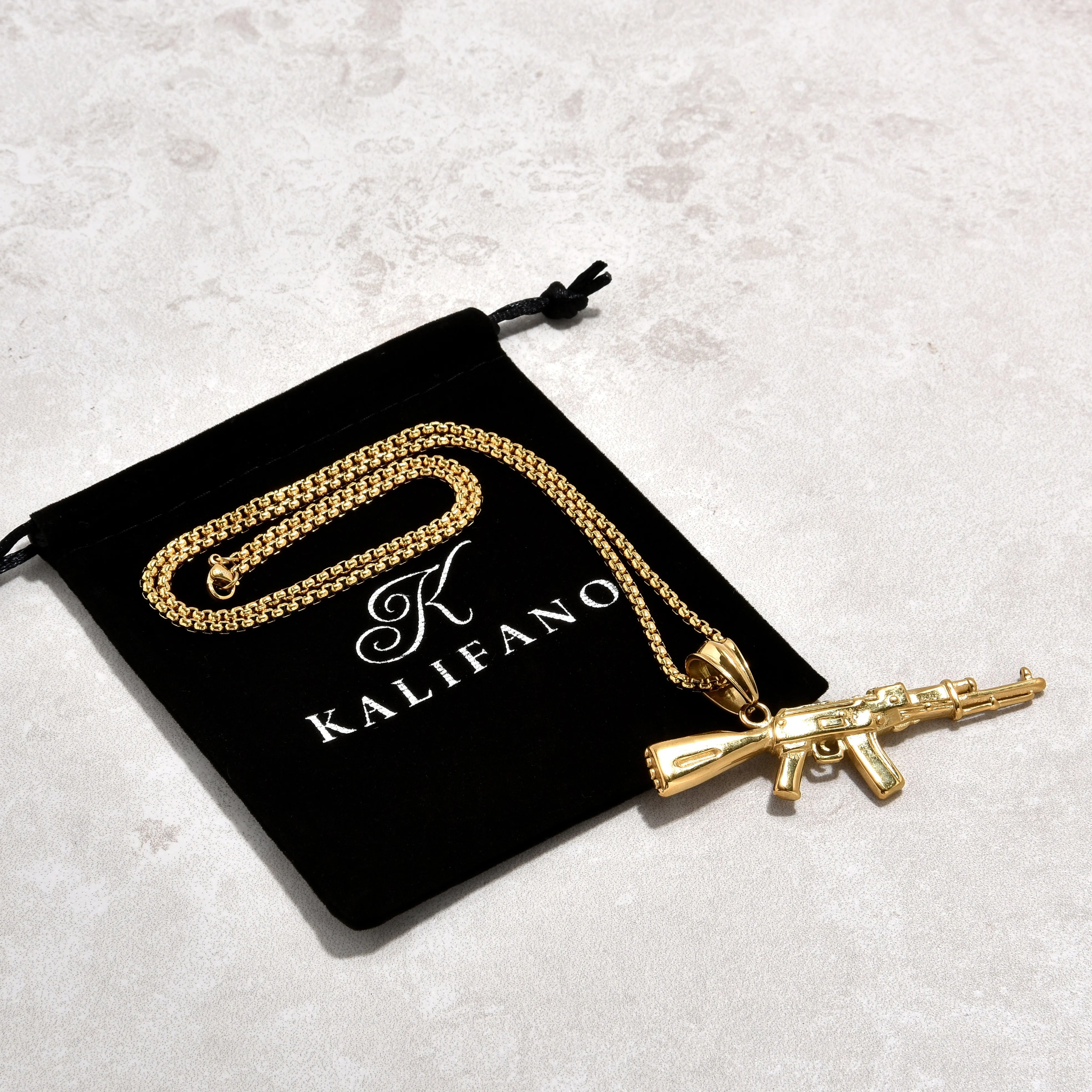 Gold AK-47 Gun Steel Hearts Necklace