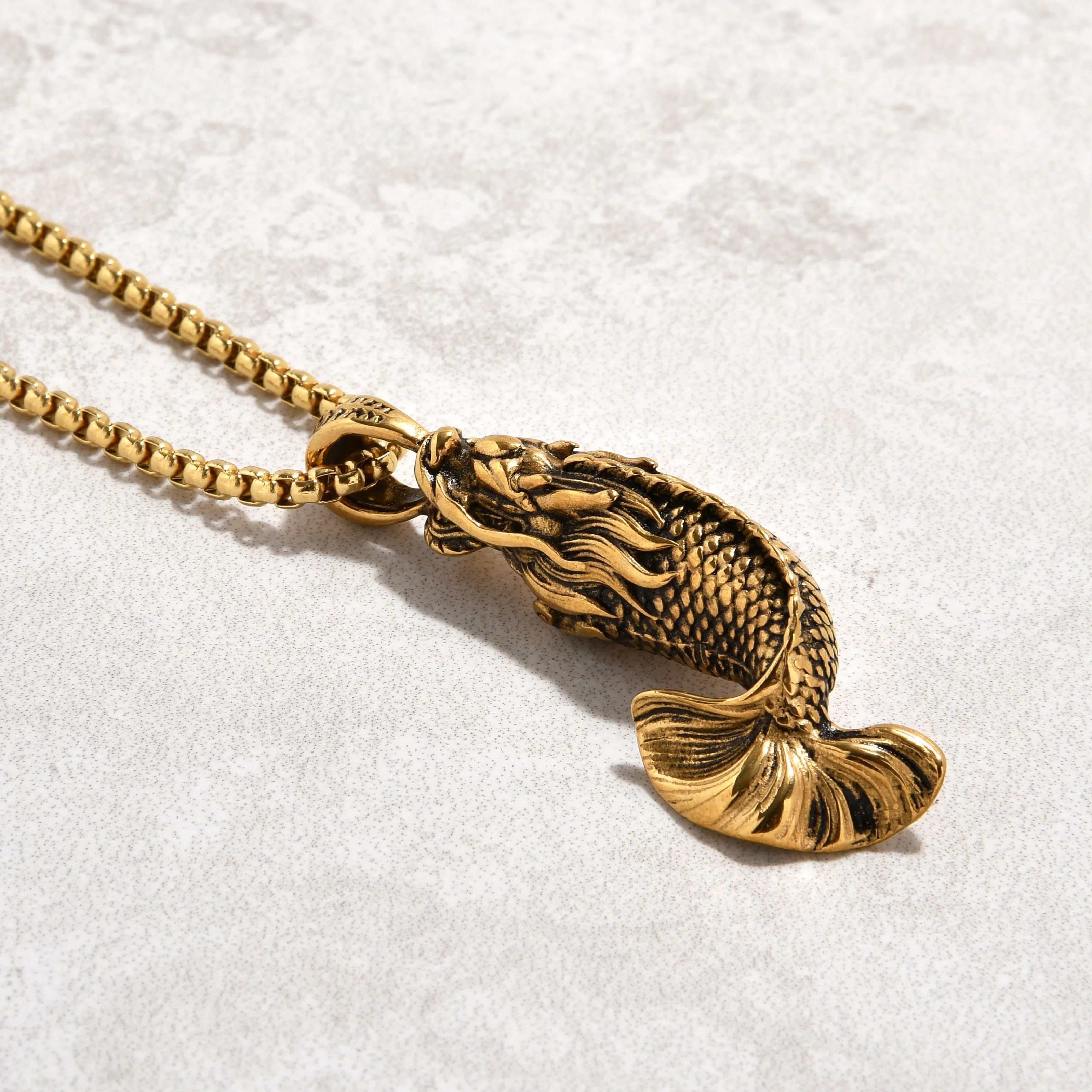 Gold Carp Fish Steel Hearts Necklace